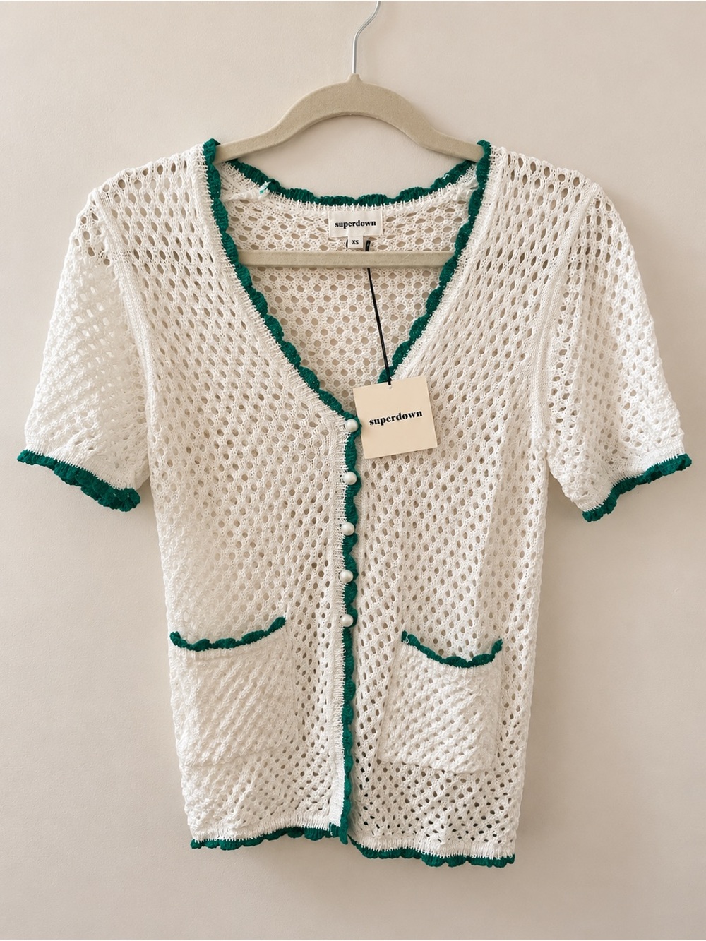 superdown Cream Crochet Knit Button-Front Top with Green Trim + Shorts